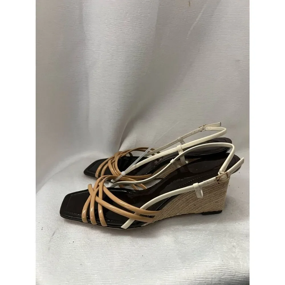 Tory Burch Multi-Strap Woven Espadrille Wedges Sandal Beige and Cream Size 10